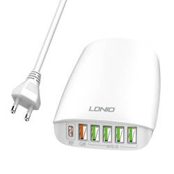 LDNIO A6573C EU | Ładowarka sieciowa 5xUSB, USB-C 65W + przewód zasilający